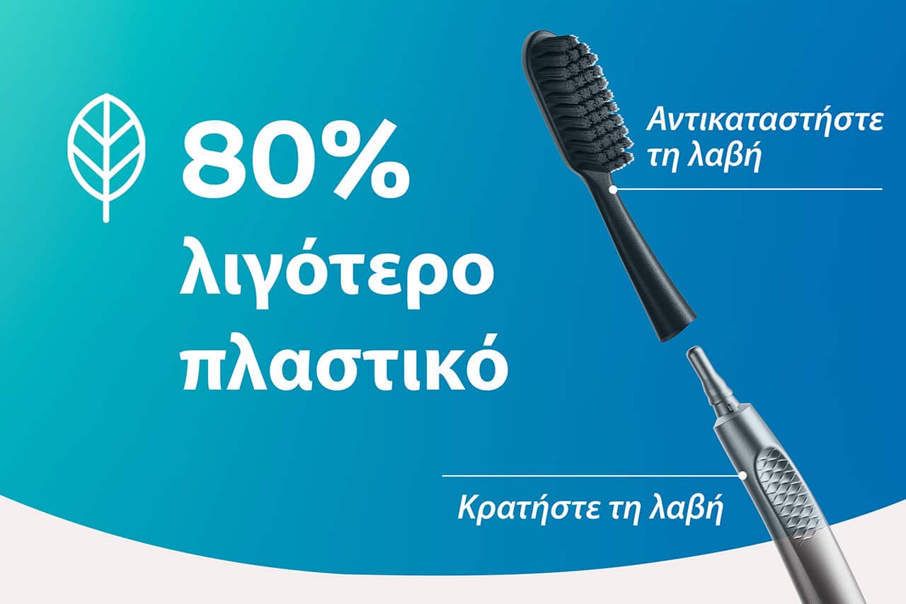 Η μακράς διάρκειας μεταλλική λαβή επιτρέπει τη χρήση 80% λιγότερου πλαστικού σε σύγκριση με μία κοινή πλαστική οδοντόβουρτσα